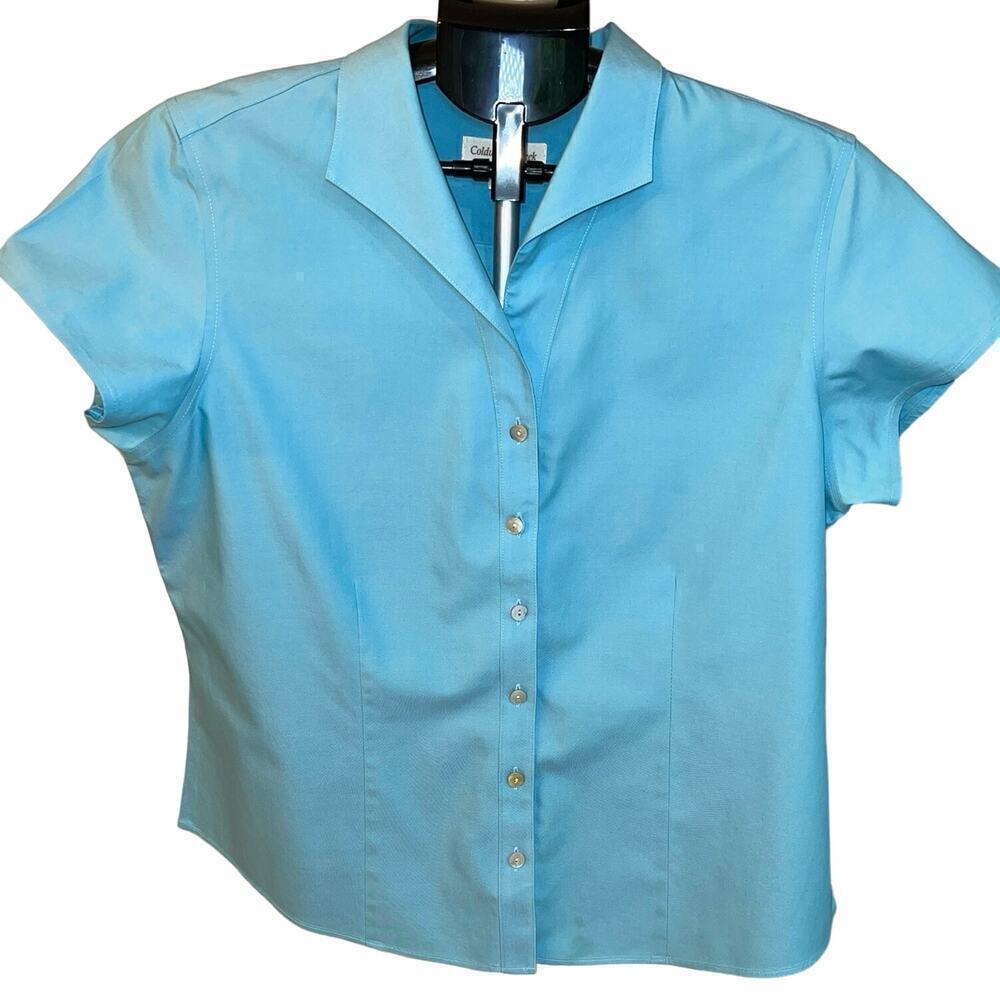 Coldwater Creek Turquoise 100% Cotton Fitted Cap Sleeve Blouse Size PL Petite L￼